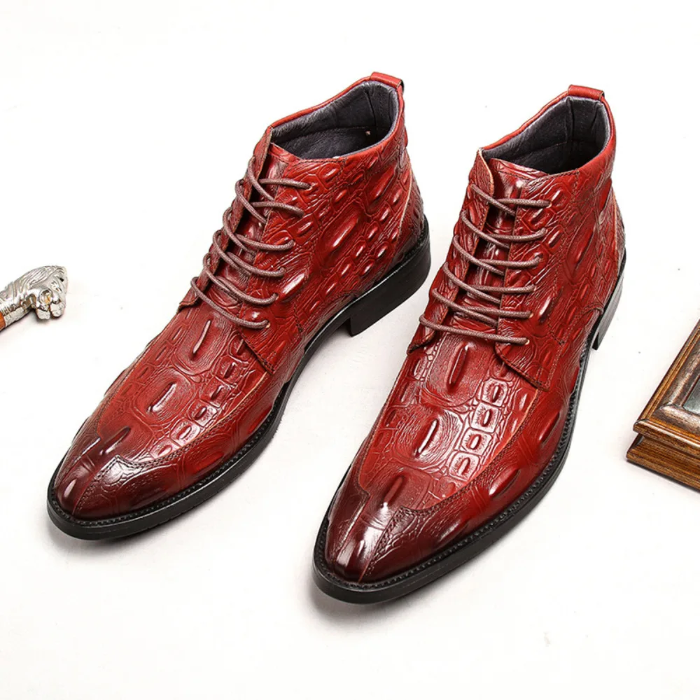 British Style Fashion Mid Top Crocodile Embossed Lace Up Men Business Leather Boots Ankle Boots For Men