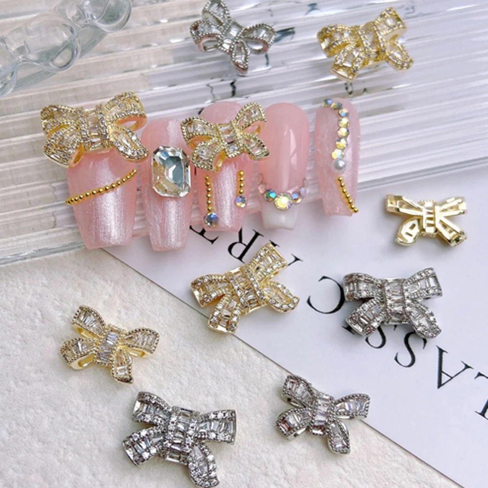 20pcs Light Luxury Style Alloy Bow Nail Art Charm 3D Gold Silver Zircon Bow Ribbon Metal Nail Rhinestone Cute DIY Nail Accessory