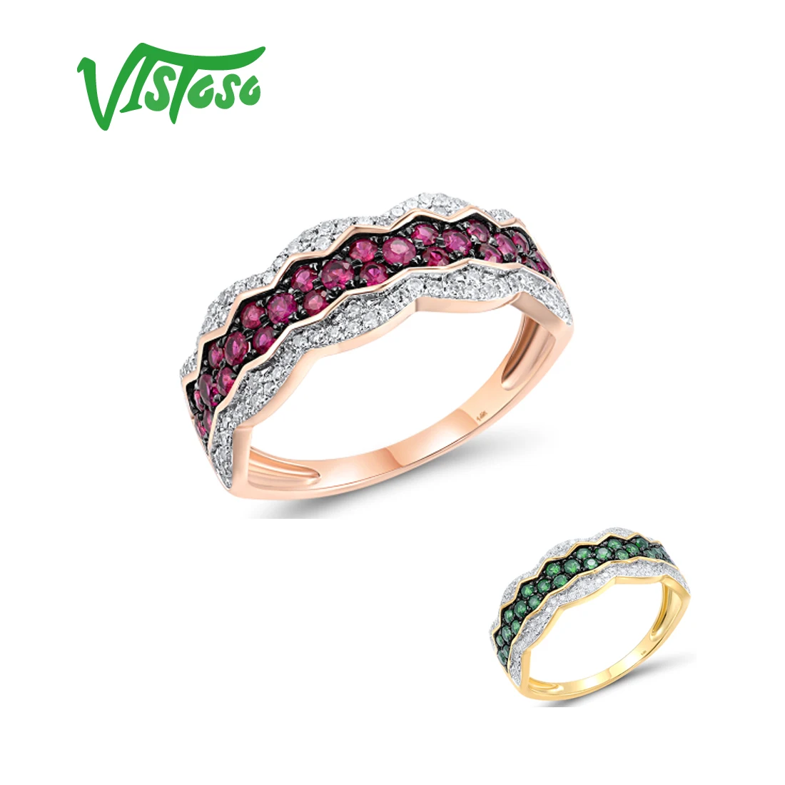 

VISTOSO Authentic 14K 585 Yellow Rose Gold Ring For Women Sparkling Diamond Ruby Emerald Luxury Wedding Engagement Fine Jewelry