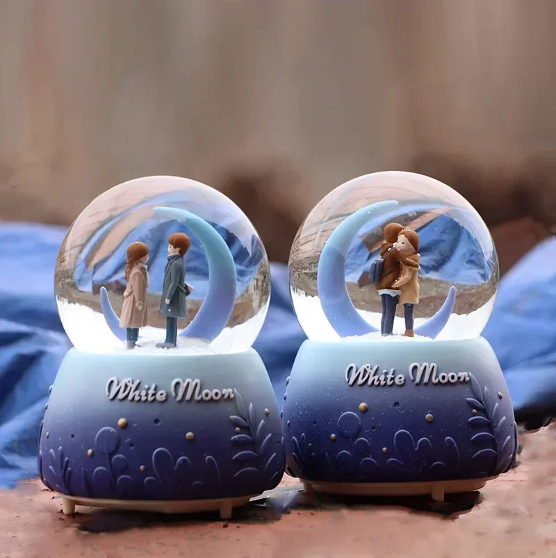 White Moonlight Couple Music Box Blue Purple Classic Drifting Snow Glow Crystal Ball Decoration