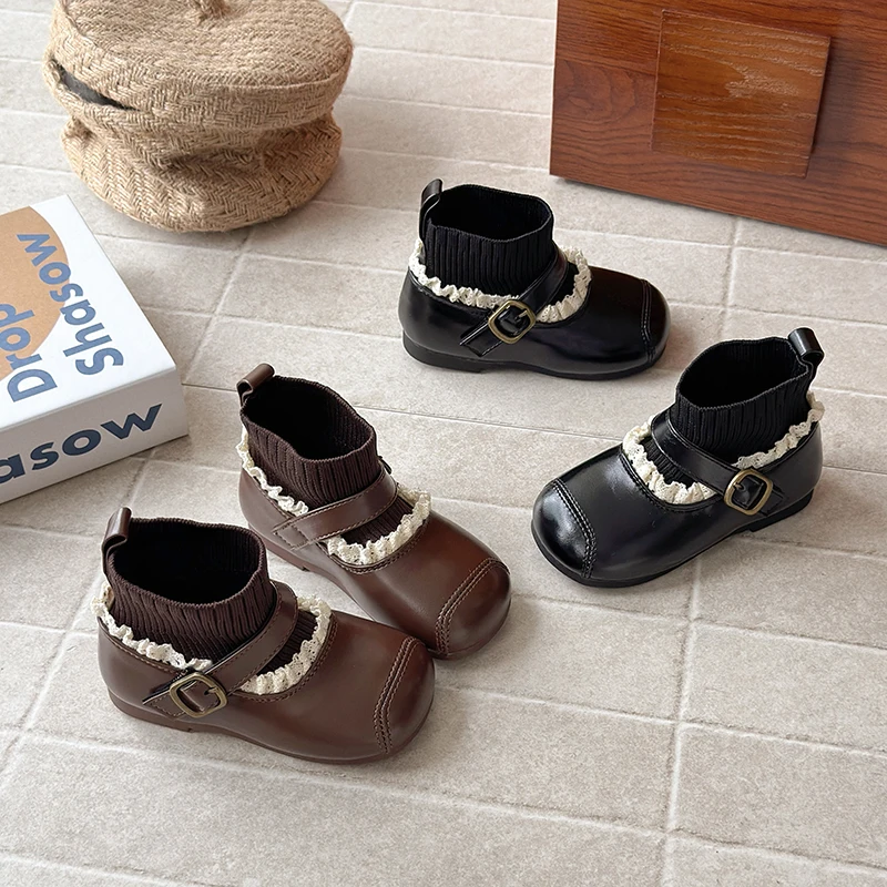 Kids Girls Sock Boots Faux Leather Upper Hook and Loop Stretch Knit Cuff Non Slip Sole Autumn Winter Children Dress Boots