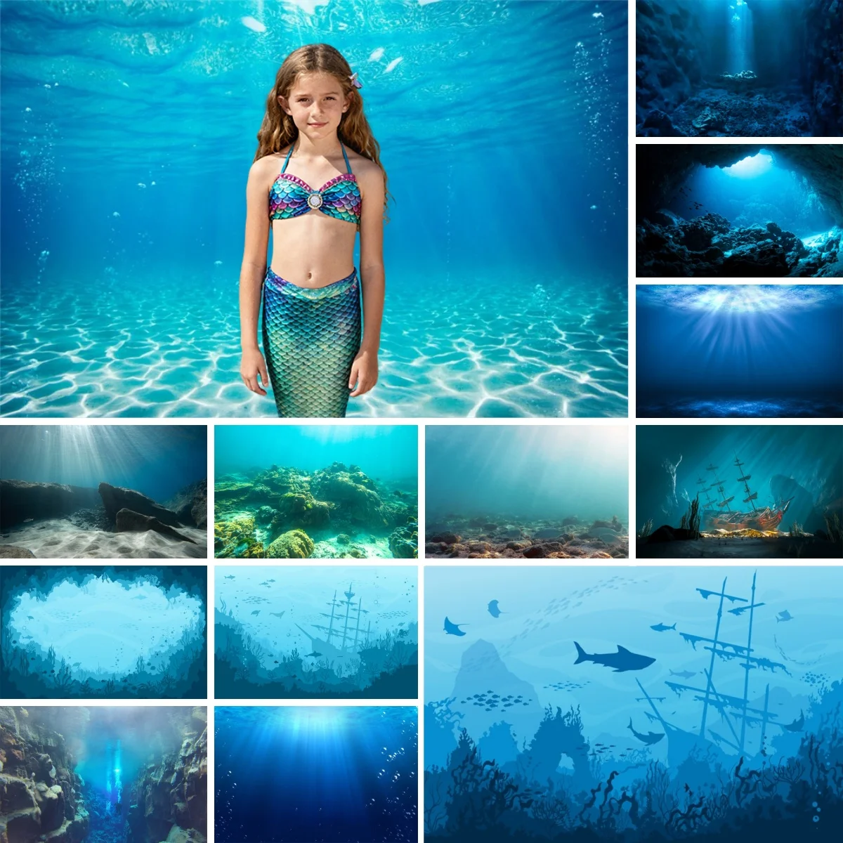 Blue Underwater World Photography Backdrop Ocean Undersea Aquarium Mermaid Girls Birthday Party Decor Portrait Photo Background
