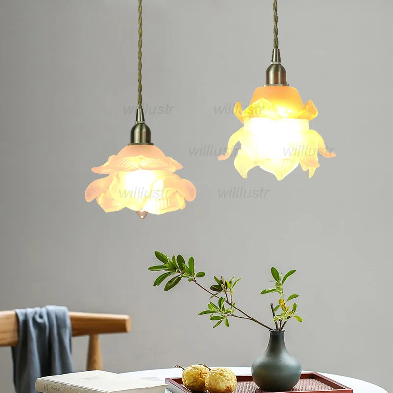 White Yellow Rose Petal Glass Flower Pendant Lamp Creative Suspension Light for Hotel Bedroom Cafe Brass Hanging Ceiling Chandel