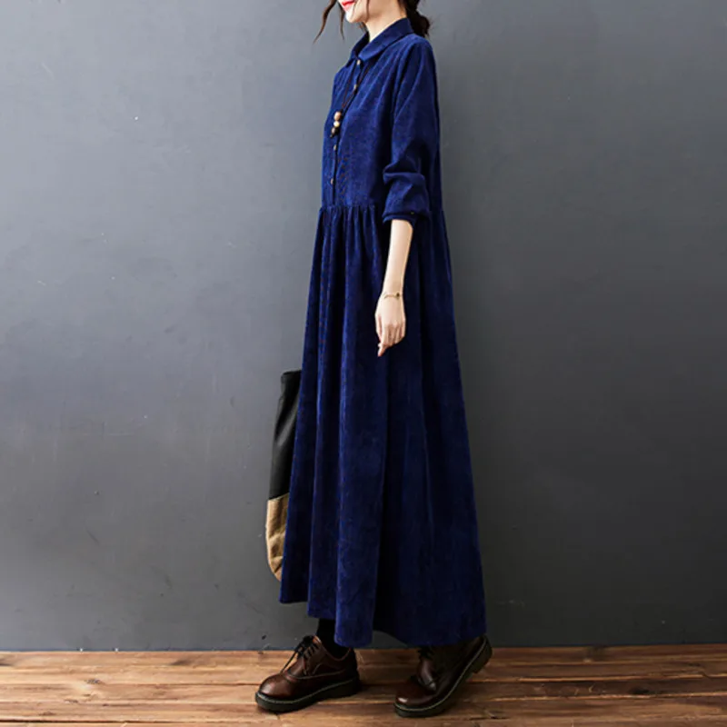 #6824 Autumn Winter Corduroy Dress Polo Neck Buttons A-line Dress Ankle-length Vintage Long Shirt Dress Loose Black Blue Red