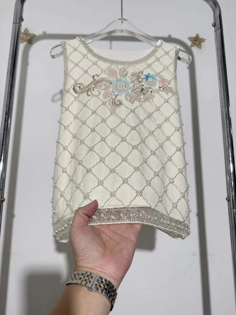 

Sequin Pearl Sequin Beaded Tank Top Women Luxurious Floral Embroidery Mesh O-Neck Sleeveless T-Shirt Gorgeous Blouse