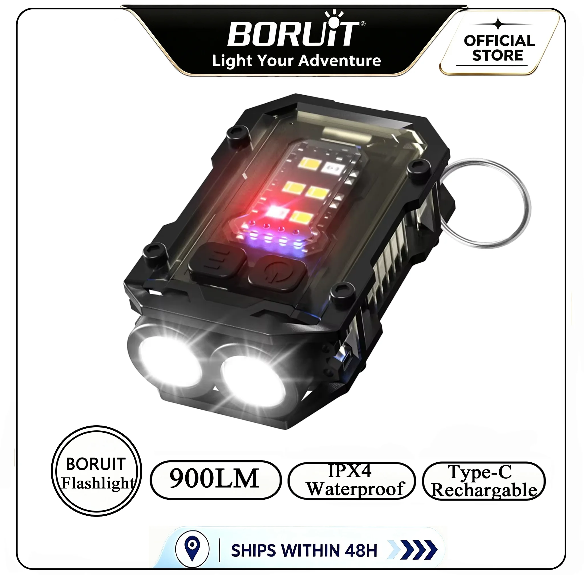 BORUiT 900LM Keychain EDC LED Flashlight Type-C Rechargeable Work Light Torch with Magnet Pen Clip Camping Pocket Lantern