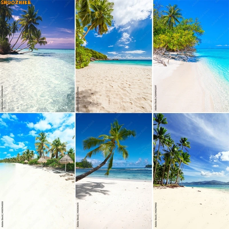 

Beautiful Paradise Island Coconut Palm Tree Sunrise Backdrops Maldives Tropical Beach Sea Blue Sky Summer Background AB-09