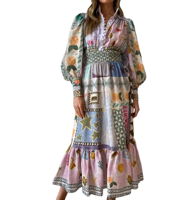 

Women Vacation Dress Printed Painted Fashionable Skirt Latest 2024 Fruit Half High Collar Wrapped Sleep High Waist A-Line Skirt