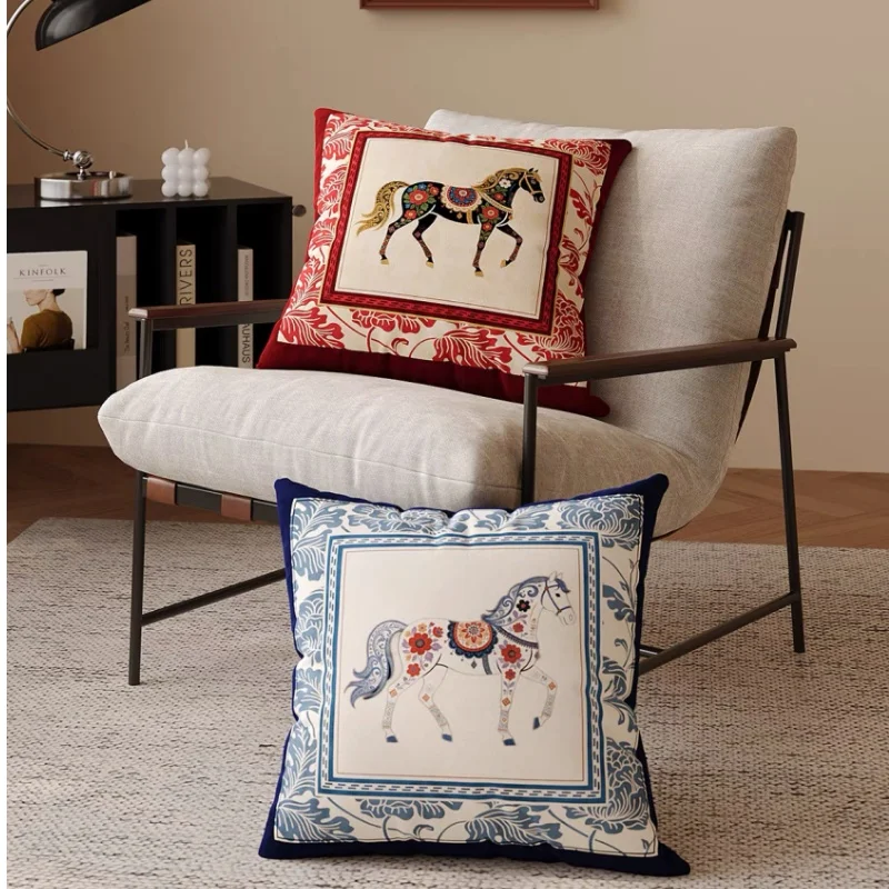 Ethnic Floral Horse Pillowcase Retro Border Cushion Cover Multicolor Sofa Decor Throw Pillow Home Living Room Decoration