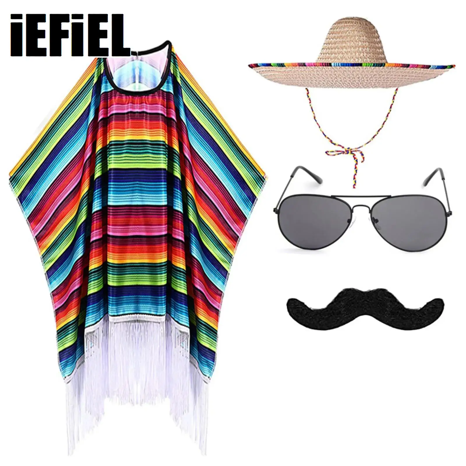 

Kid Adult Mexican Carnival Costume Colorful Cloak Poncho Sombrero Hat Sunglasses Mustache Set for Mexican Fiesta Halloween Party