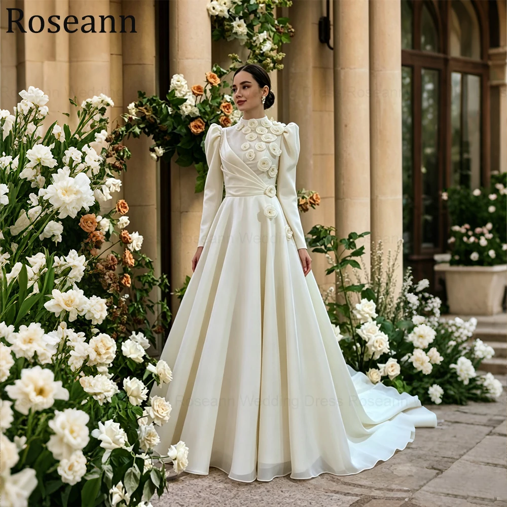 Roseann Wedding Dress Modest Satin Muslim High Neck Puff Long Sleeve 3D Floral A Line Train amanda novias Bridal Gown Customized