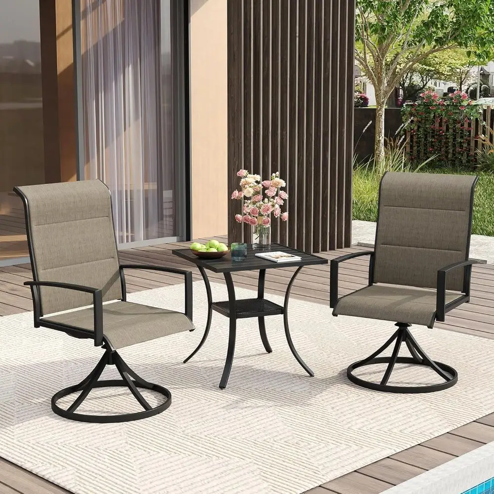 

Compact 3-Piece Patio Set with Swivel Chairs or 2-Person Dining Set, Weather-Resistant Black Table and Brown Fabric