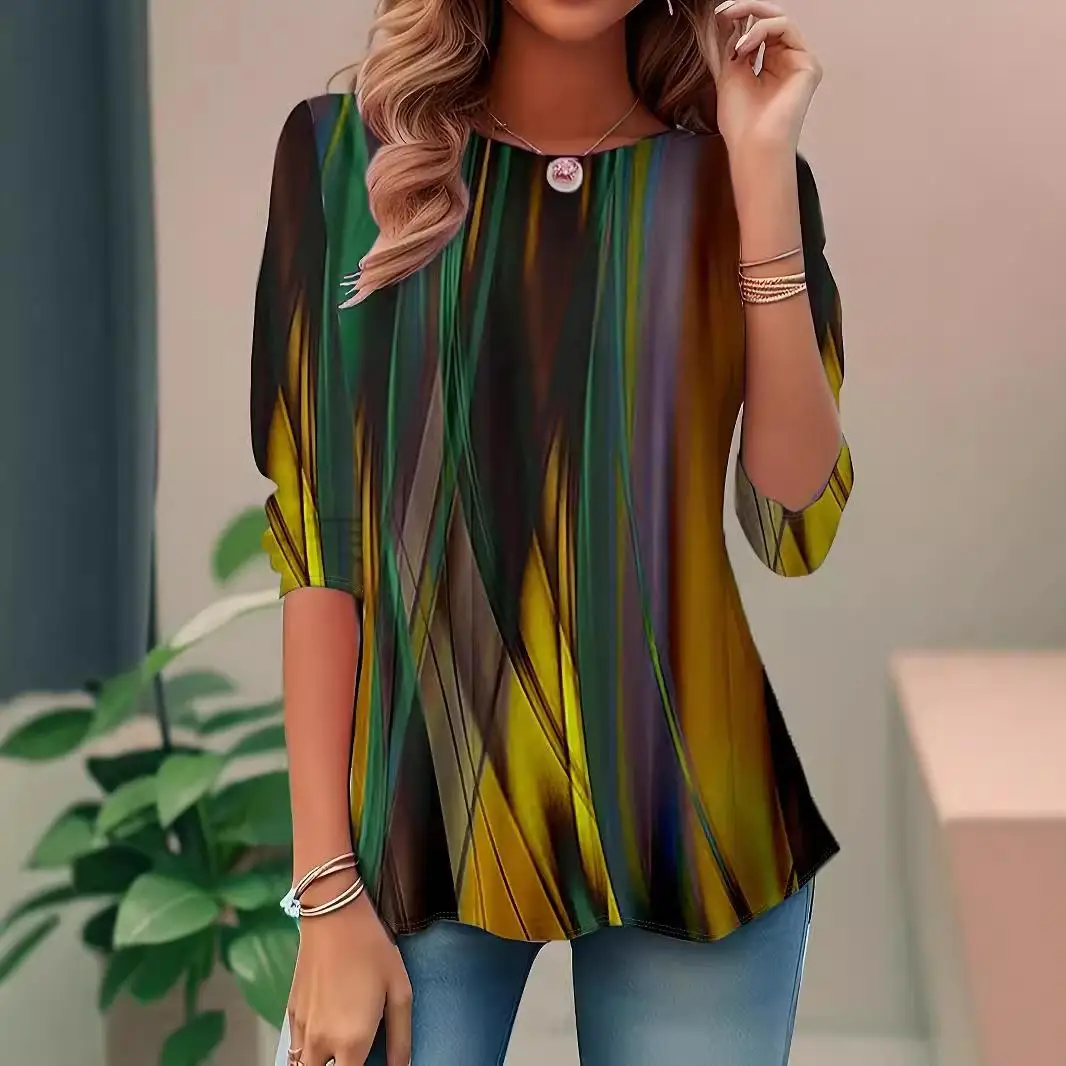 Camiseta feminina longa estampada Sve, ajuste solto, tecido de poliéster, efeito 3D, verão, moda feminina, roupa casual