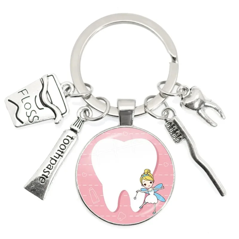 40Pcs Tooth Floss Toothpaste Toothbrush Metal Pendant Keychain Glass Cabochon Dentist Dental Assistant Gift Dental Care Key Ring