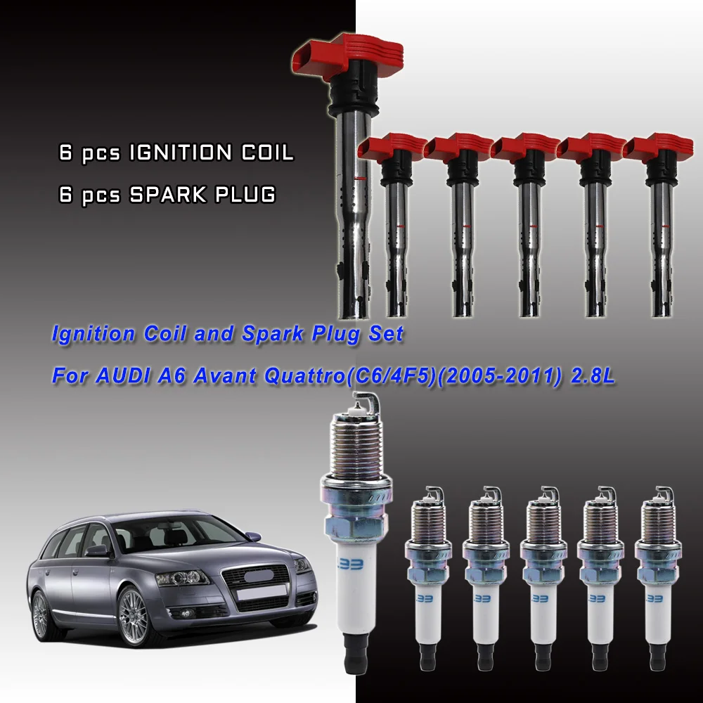 Juego de Bobina de Encendido y Bujías de Iridio para AUDI A6 Avant Quattro C6/4F5 2005-2011 2.8L 06E905115E 06E905115 07K905715F