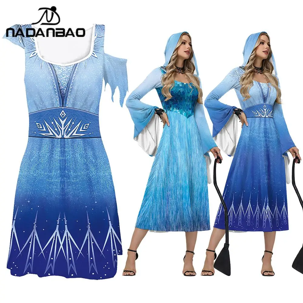 

Nadanbao Queen Elsa Dresses for Women Halloween Medieval Snow Print Party Dress Fashion Hooded Cosplay Costume Princess Clothes