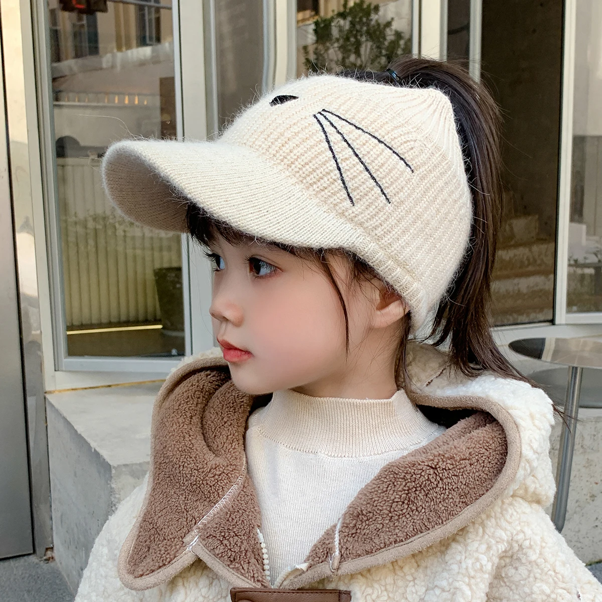 Girl\'s Hat Autumn and Winter New Knitted Warm and Cute Ear Protection Baby Thickened Wool Children\'s Empty Top Duck Tongue Hat