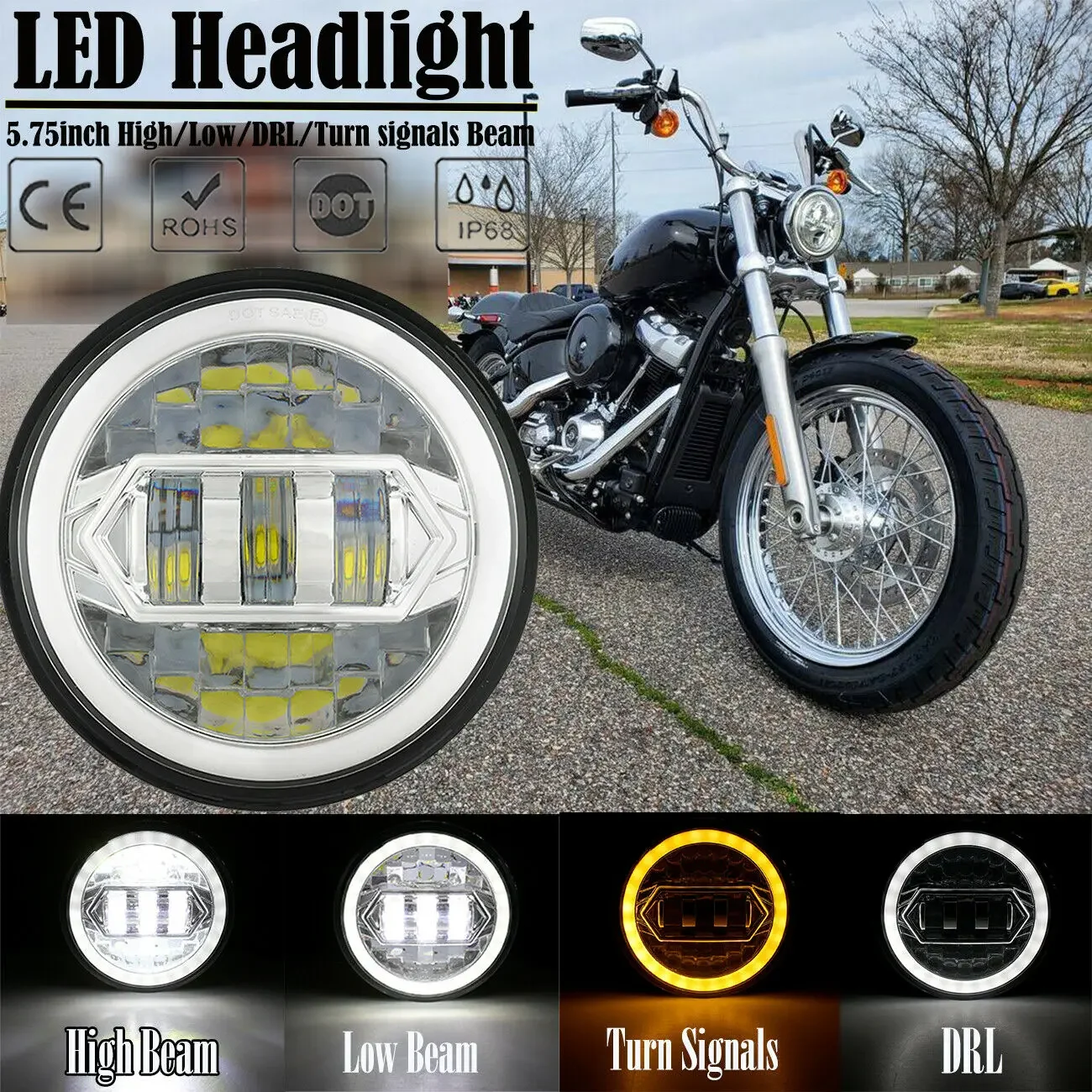 5.75'' H4 LED Motorcycle LED Headlight  w/ Halo Ring White DRL Angel eyes For HarleyDyna/softail Deuce/Sportster/Night Train