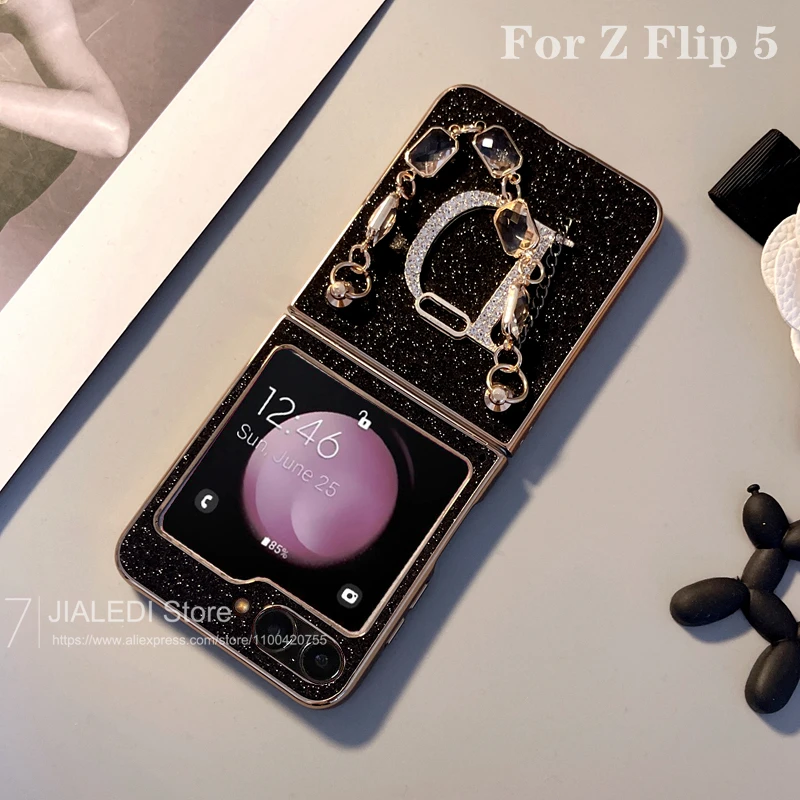 Fashion Bracelet Diamond letter D Glitter Phone case For Samsung Galaxy Z Flip 6 5 4 3 Chain Cover