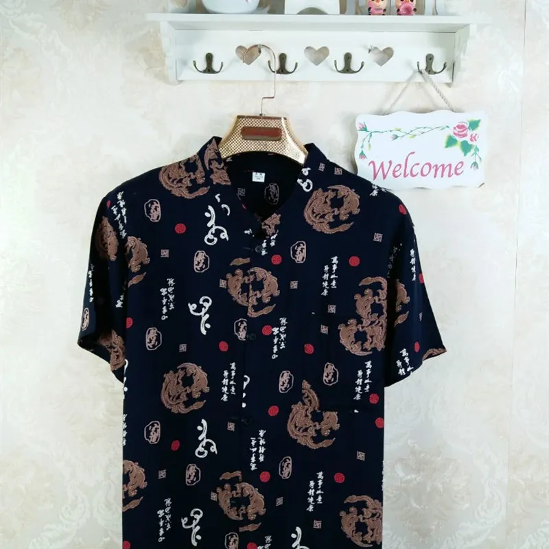 

Мужской домашний костюм больших размеров из искусственного хлопка с коротким рукавом, для утренних тренировок, с воротником на пуговицах, с цветочным принтом