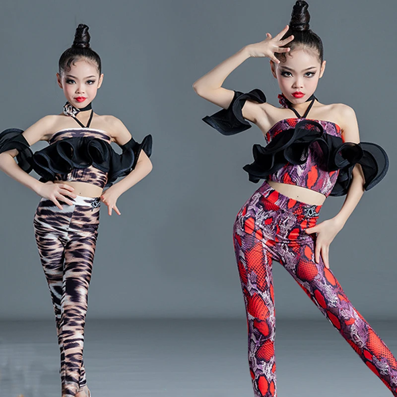 

Топ с рюшами и лямкой через шею для девочек, костюм для латиноамериканских танцев, леопардовый комплект, детская одежда для бальных соревнований