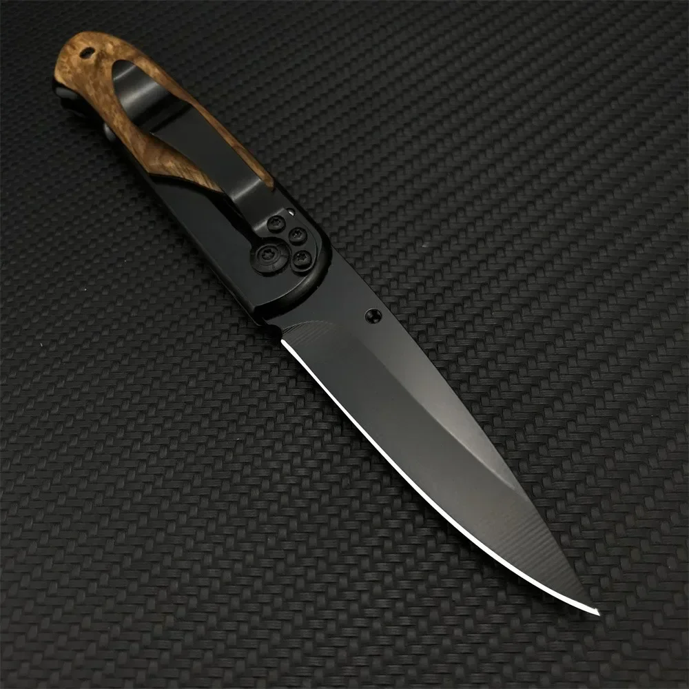 Outdoor Utility Tactical BM Da44 Pocket Folding Knife Wood Handle Titanium Finish Blade EDC Self Defense Knives with Clip