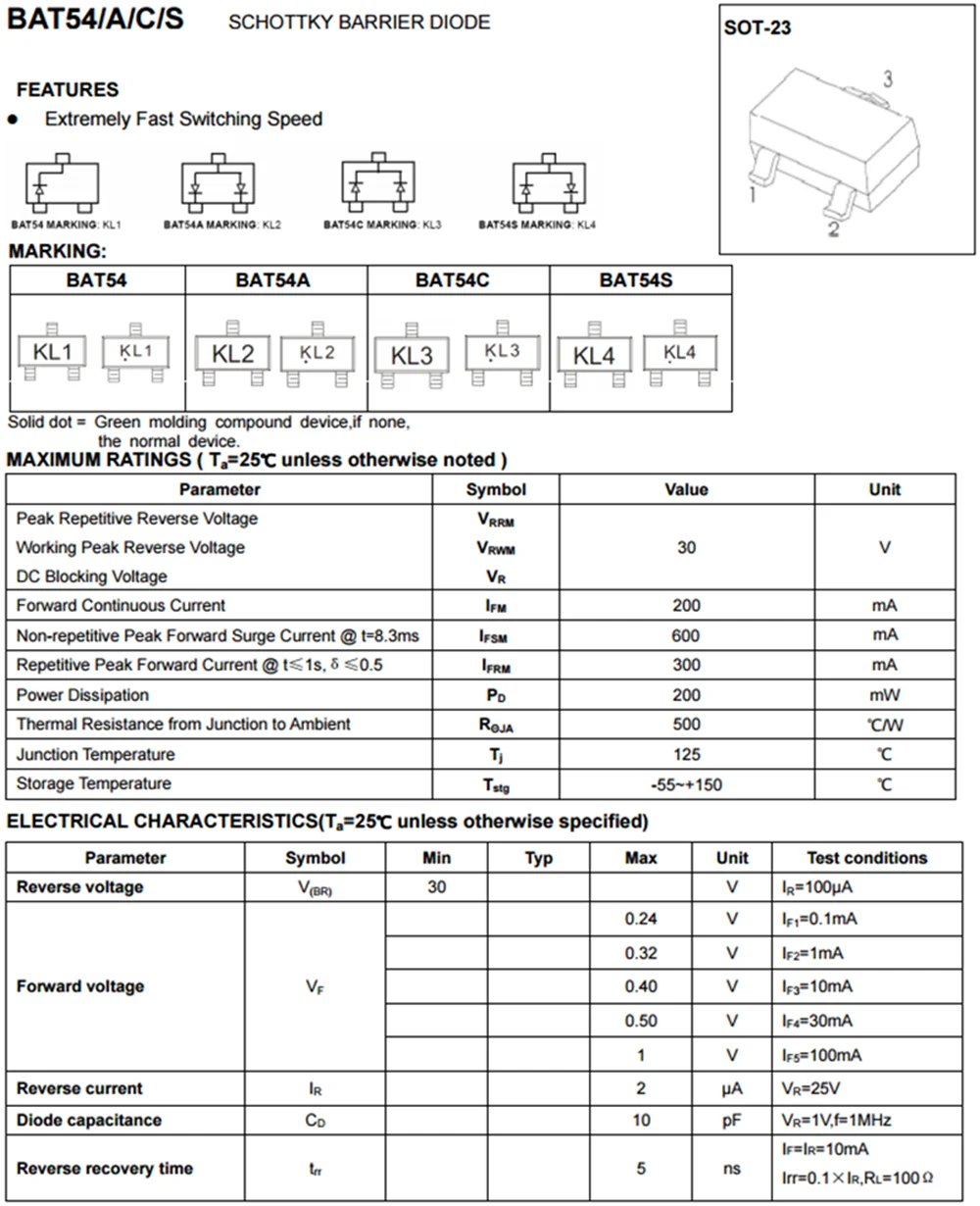 Diodo barriera Schottky BAT54 KL1 BAT54A KL2 BAT54C KL3 BAT54S KL4 SOT-23 30V/0.2A Raddrizzatore a diodi Schottky SMD