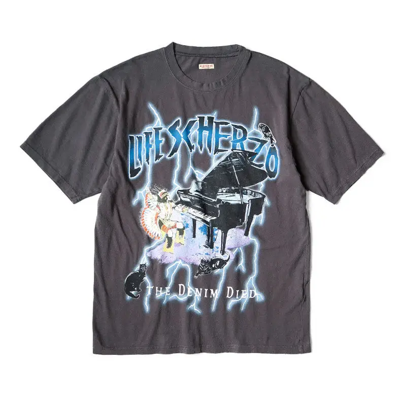 

KAPITAL Hirata Kazuhiro Style Washed Vintage Cracked Lightning Piano Print Pure Cotton Short-Sleeve T-Shirt for Men