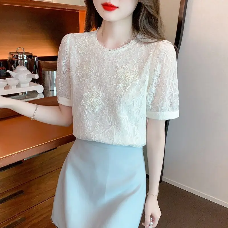 Summer Round Neck Women\'s Solid Color Plant&Flowers Embroidered Chiffon Pullover Short Sleeve T-shirt Elegant Clothing Tops