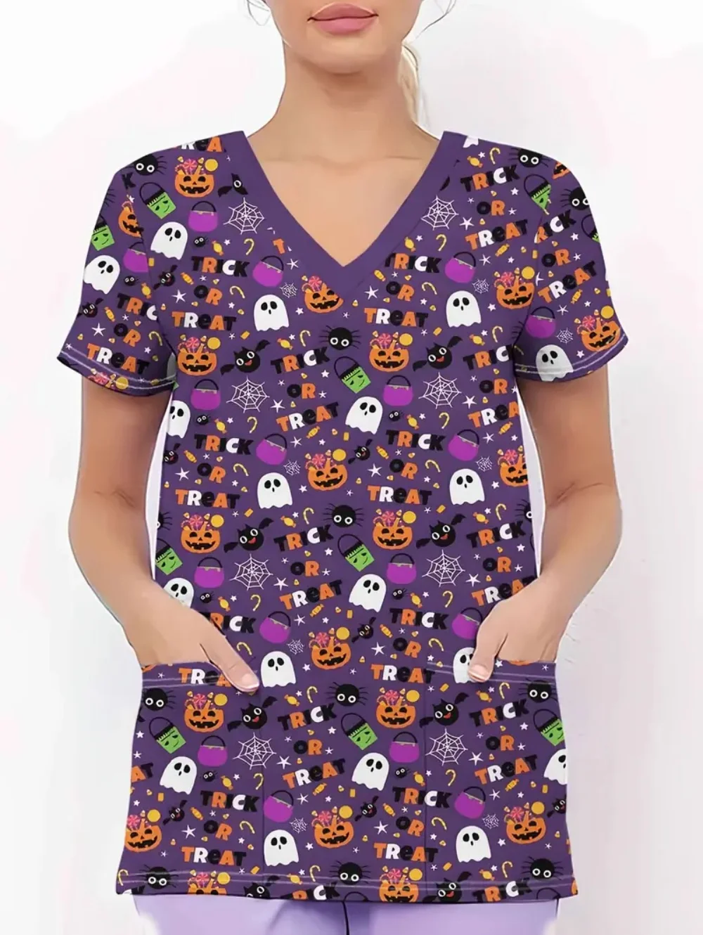 새로운 의료 유니폼 여성 할로윈 시리즈 인쇄 치과 의사 짧은 소매 임상 유니폼 패션 v 넥 여성 수술 스크럽 탑
