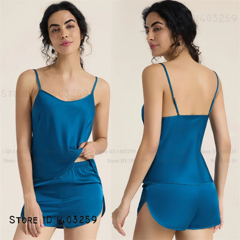 

Summer New Female Suspender Pajamas Set Loungewear Sexy Lingerie Chemise Sleepwear Silky Satin Home Clothes Night Wear Pijamas