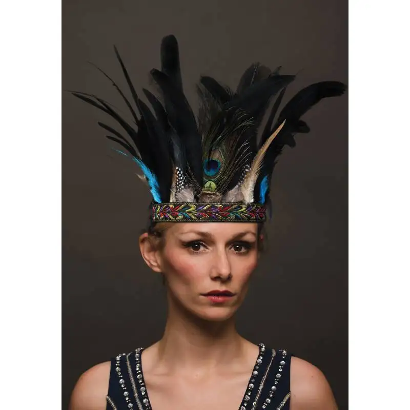 

DAZCOS Peacock Feather Fascinator Decorative Feather Headpiece Crown Headdress Costume Indian Headband Halloween Party Headband