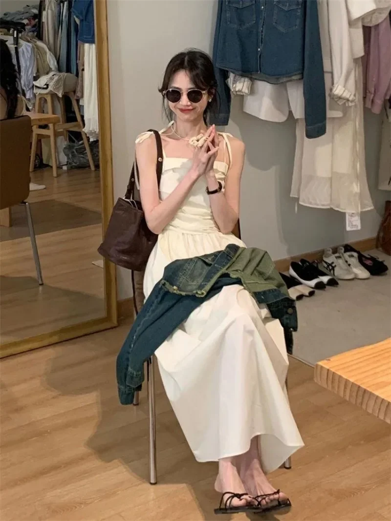 Summer Vintage Hepburn Style Strap Dress Temperament Solid Color Sleeveless Vestidos Korean French Casual Slim Waist Dress Women