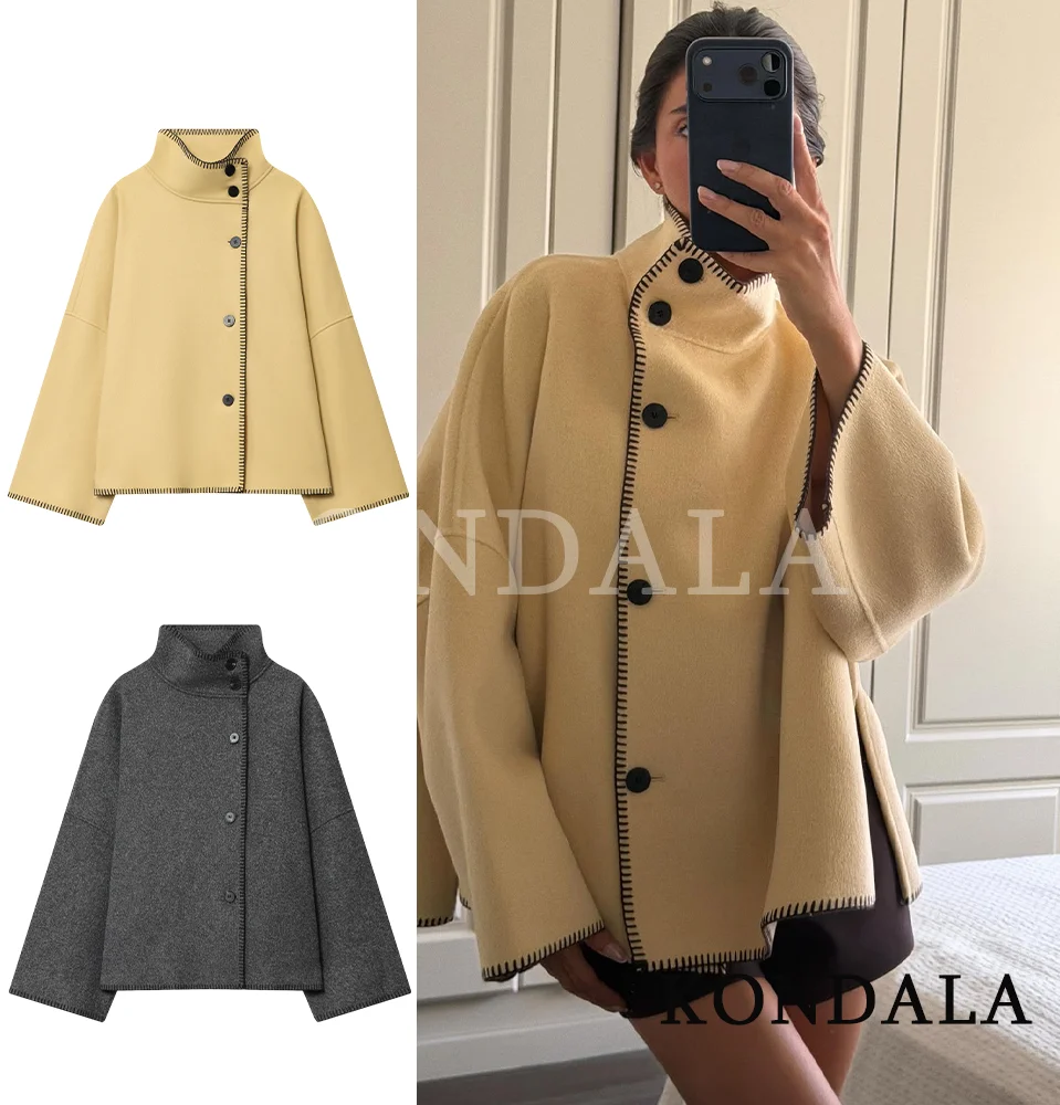 

KONDALA Fall Women Cute Elegant Coat High Neck Single Breasted Loose Warm Coat 2025 Autumn Winter Fashion High Street Lady Coat