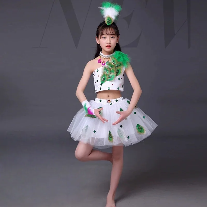 

Peacock Dance Costume Girls Lyrical Contemporary Freestyle Modern Dance Dress Girls Kids Stage Wear Festival Celebration