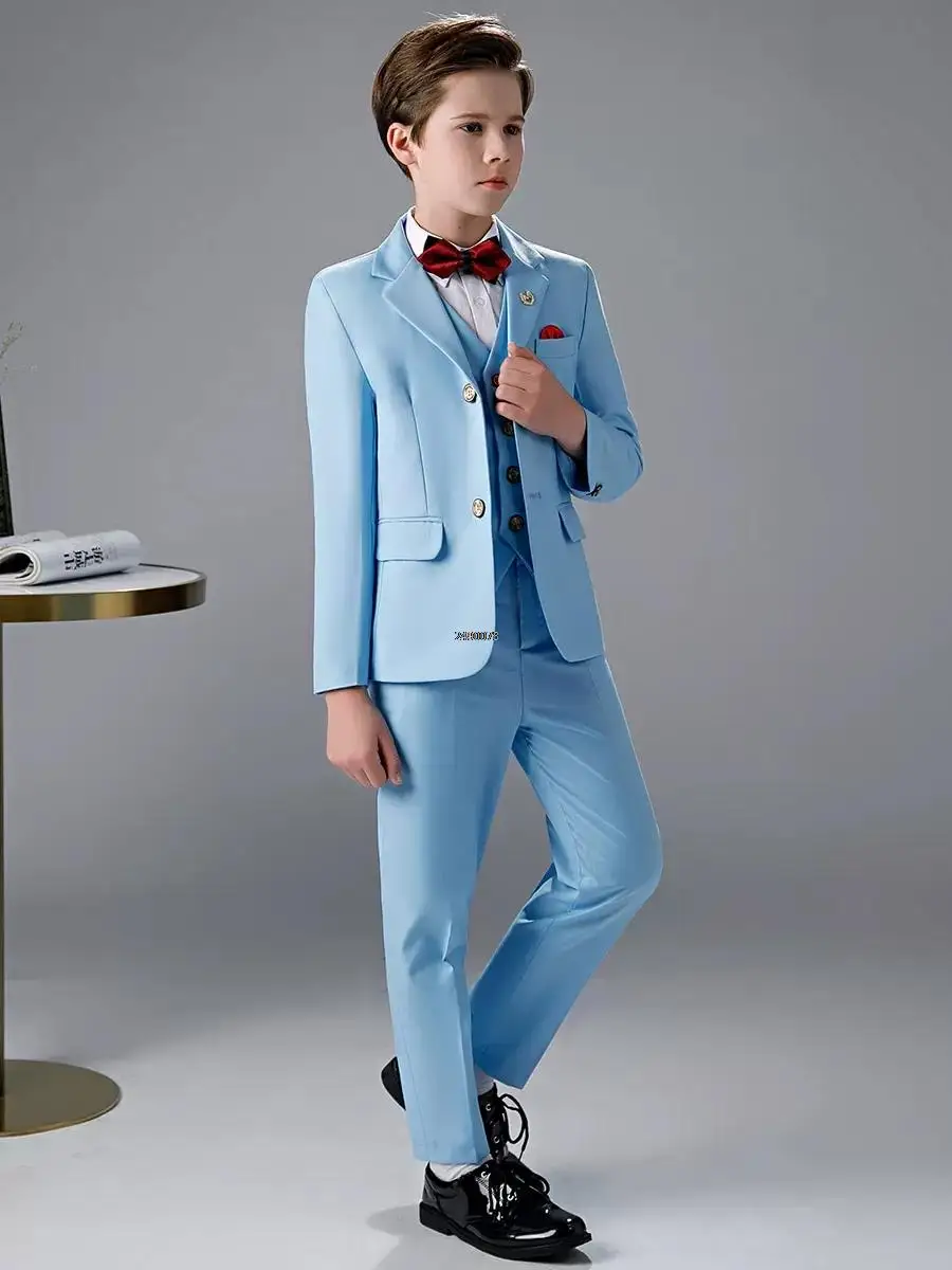 Flower Boys Sky Blue Wedding Suit Kids Photograph Suit Teenager Birthday Tuxedo Dress Children Graduation Stage Show Costume