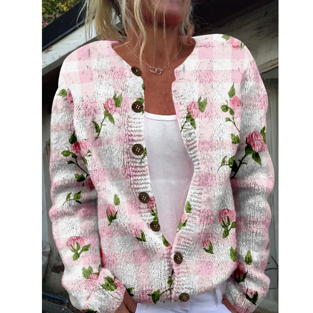 

Autumn Winter Knitted plaid floral Cardigan Casual Sweater Streetwear Women Sweaters Knit Top Cool Jumpers Fashion