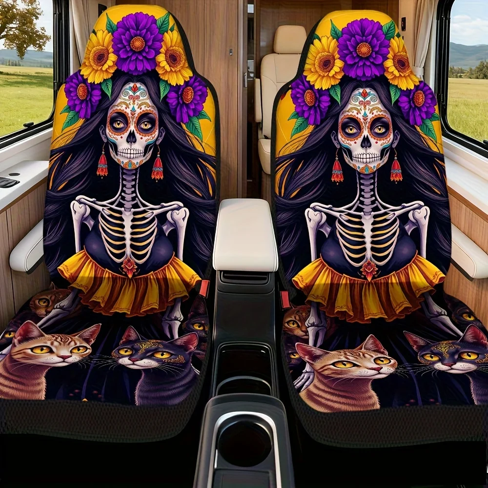 Fundas para asientos de coche con diseño de mujer, flores de caléndula y gato Calavera, Día De Los Muertos (Day Of The Dead), arte popular mexicano, 2 uds.