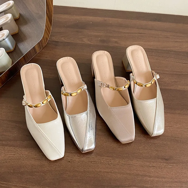 Square Toe Mary Jane Slippers Shallow Metal Buckle Versatile Lightweight Super Soft Leather Sandals