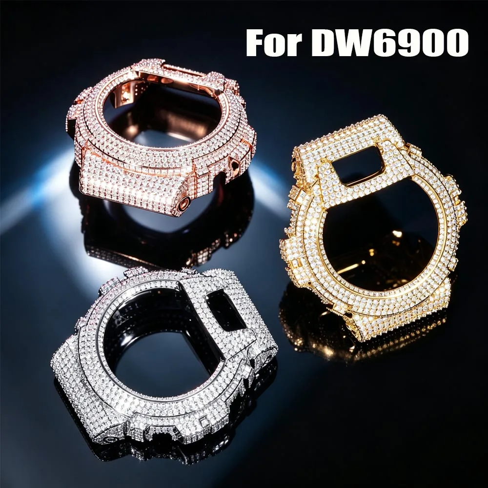 For DW6900 Luxury Full Iced Out Moissanit Watch Case 18K Gold Plated Bling Copper Hip Hop Replacement Watch Accessory Gift