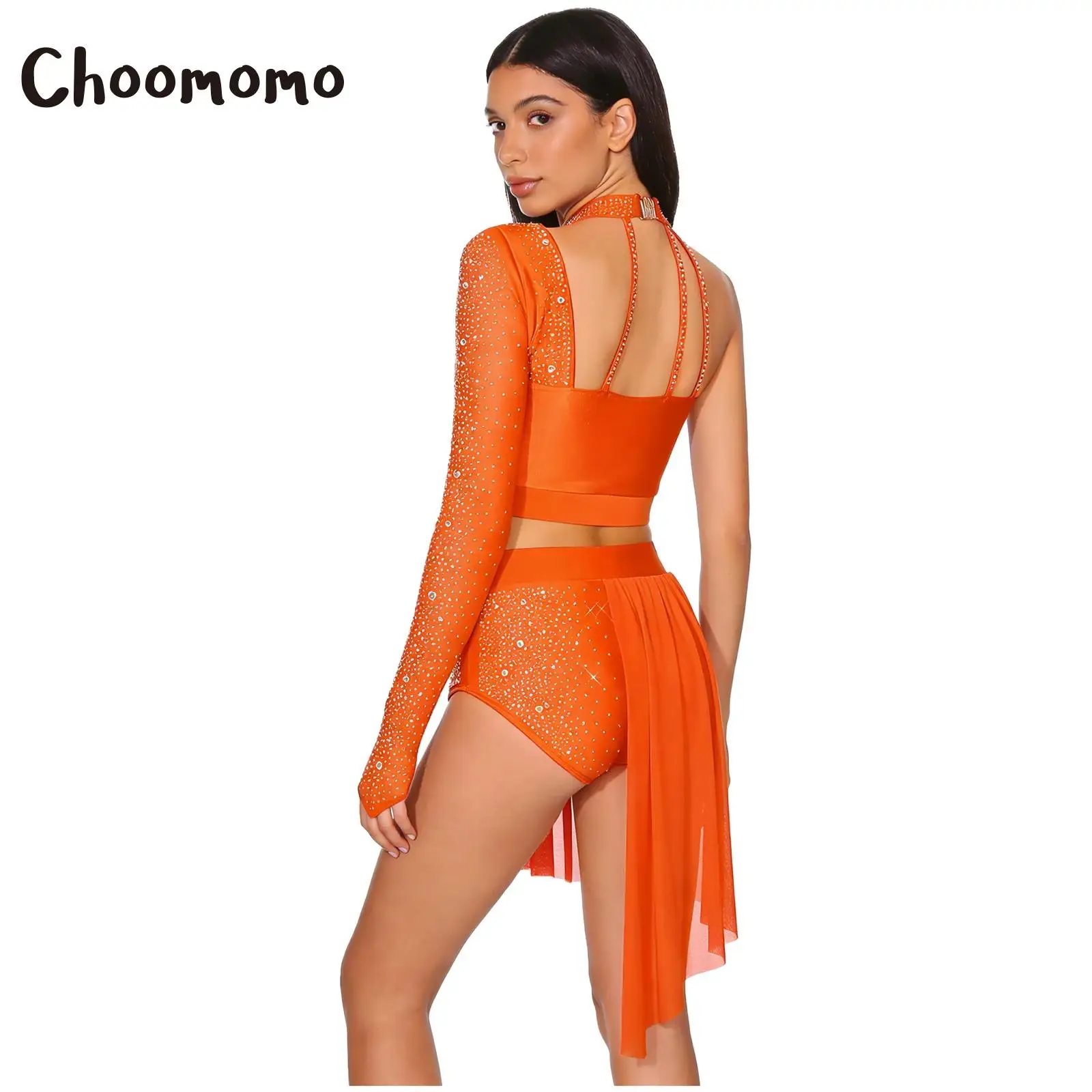

Women Modern Ballet Dance Outfit One Shoulder Sheer Mesh Rhinestone Crop Top with Irregular Skirt Shorts Gymnastic Latin Costume