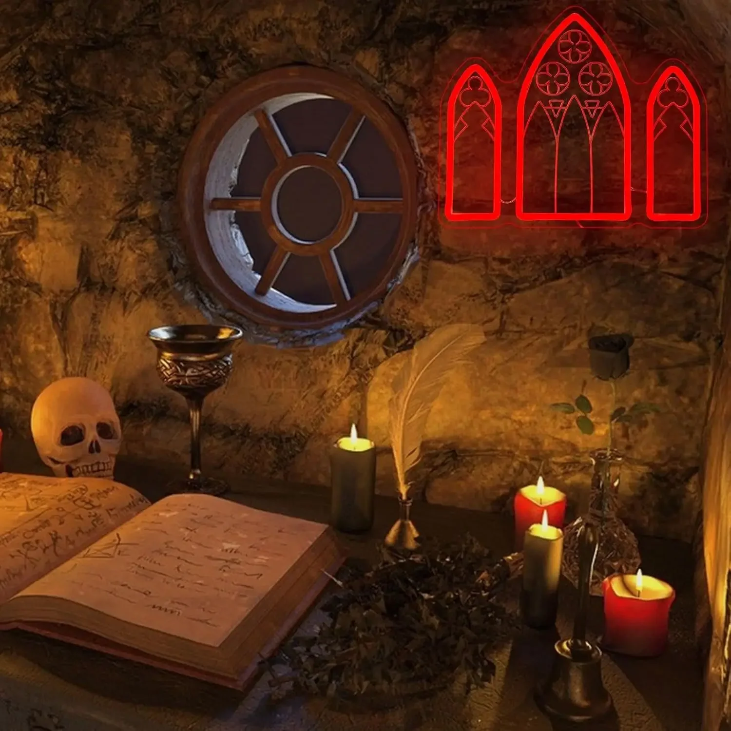 Gothic Window Neon Sign USB Dimmable LED Neon Light Horror Escape Room Man Cave Goth Club Decor Halloween Dark Theme Wall Lamp
