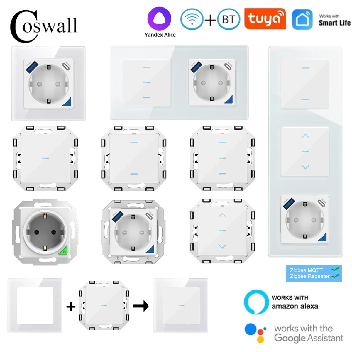 COSWALL Glass Touch Switch DIY Module WIFI / Zigbee Smart EU Wall Socket With PD 20W Type-C & A Dual USB Fast Charger