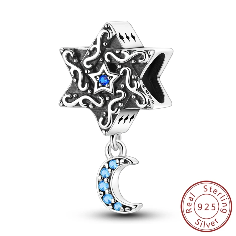 New Arrivals 100% Sterling Silver Retro Curly Grass Pattern Star & Moon Beads Charm Fits Pandora Bracelet For Holiday Gift