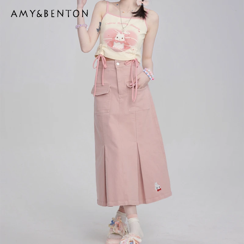 

2024 New Casual Style Pink Blue Pocket Lace-up I-pleated Summer Sweet High Waist A-Line Long Embroidered Denim Skirt For Girls