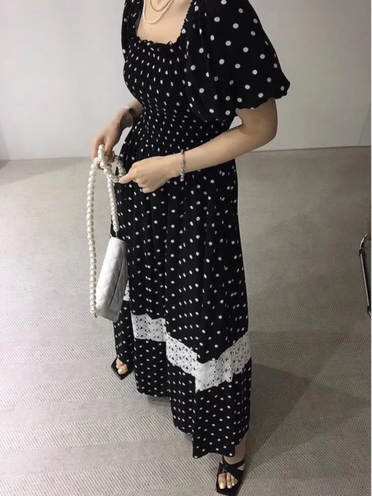 Vestido largo e de verano con lunares y encaje, vestido largo e con cintura ajustada para mujeres jóvenes de lo...