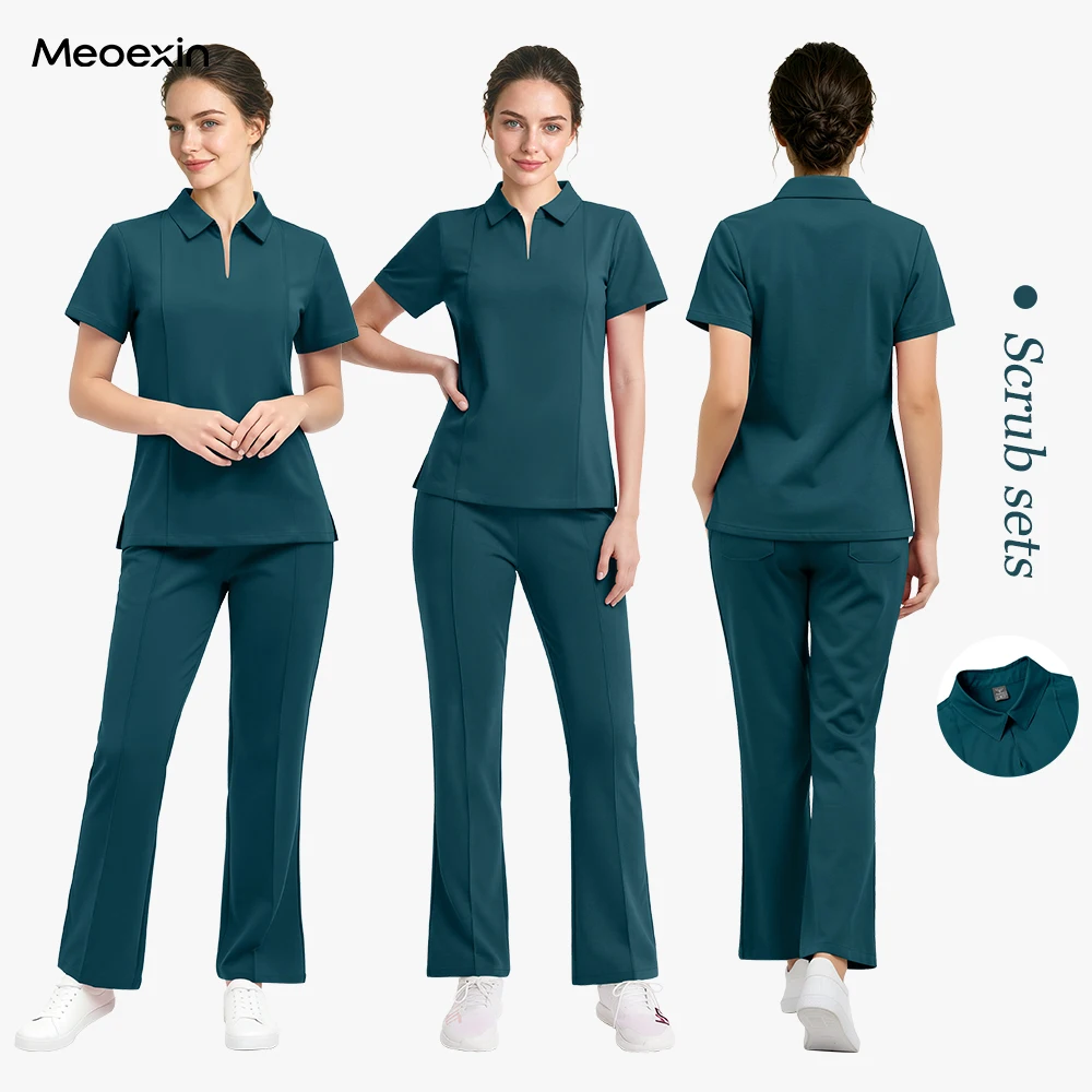 New Scrub Set Beauty Clinic Nursing Uniform Collar Scrub Top Flared Pants Beautician Specific Scrub Soft Nurse Uniform Wholesale