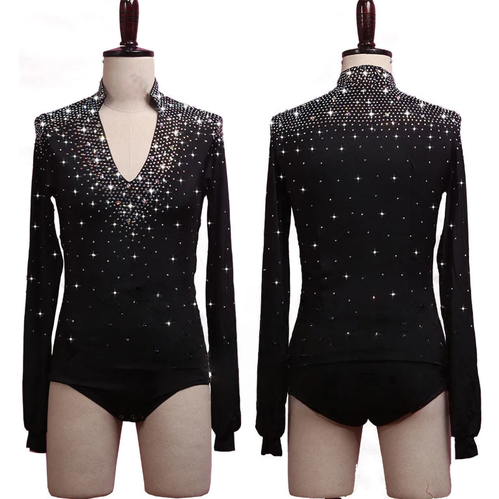 

Men's Latin Shirt Rhinestone New Style Latin Dance Black Competition Clothes Long Sleeve High Quality Men's V-neck Jumpsuit