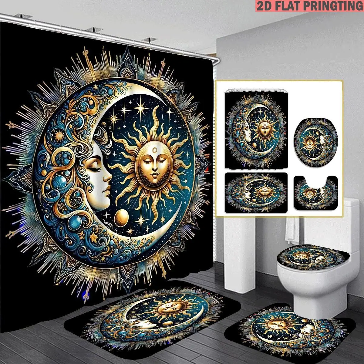 1pc/4pcs Shower Curtain and Bath Mat Set with Print Pattern Sun and Moon Celestial Art Design Non-Slip Bathroom Decor