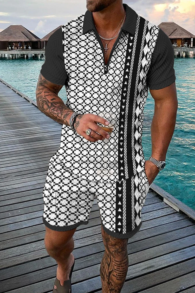 Men Summer Polo Shirt Set 2 Pieces Hawaii Tracksuit Casual Business Suit Fashion Trun Down Collar Zipper Clothing Vintage Outuit